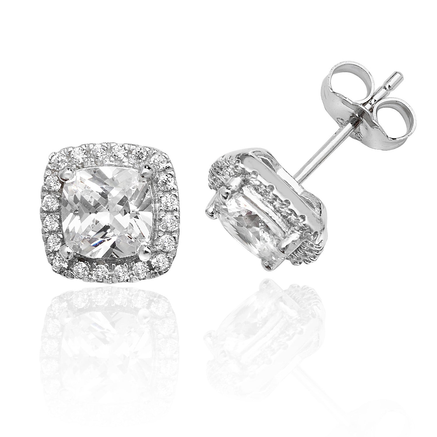 SILVER HALO CUSHION CZ CLAW SET STUDS