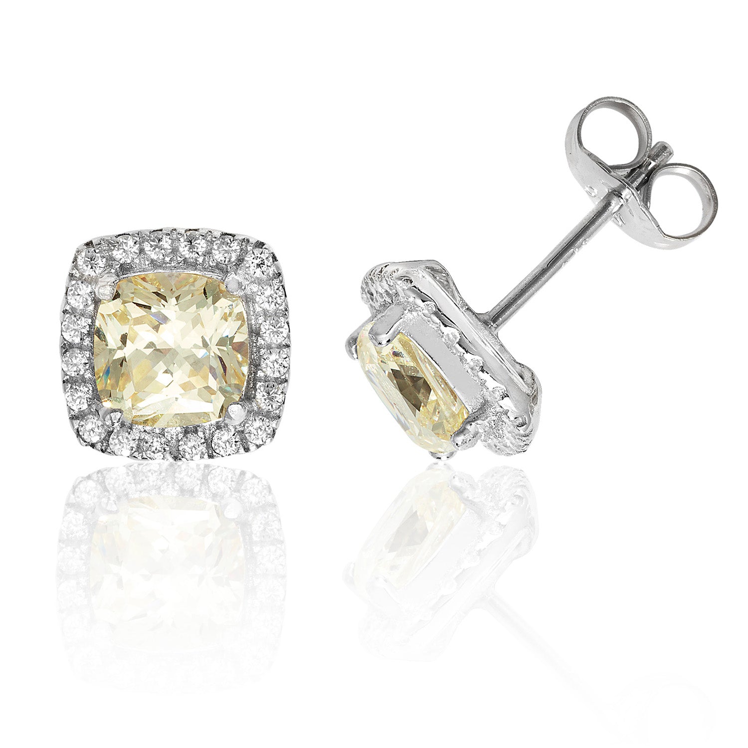 SILVER HALO YELLOW CUSHION CZ CLAW SET STUDS