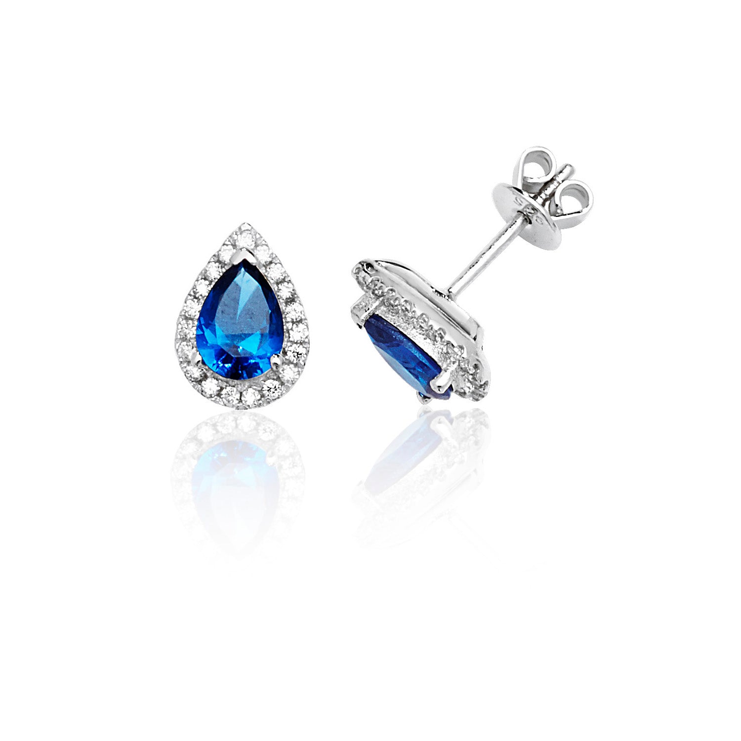 SILVER HALO BLUE PEAR SHAPE CZ CLAW SET STUDS