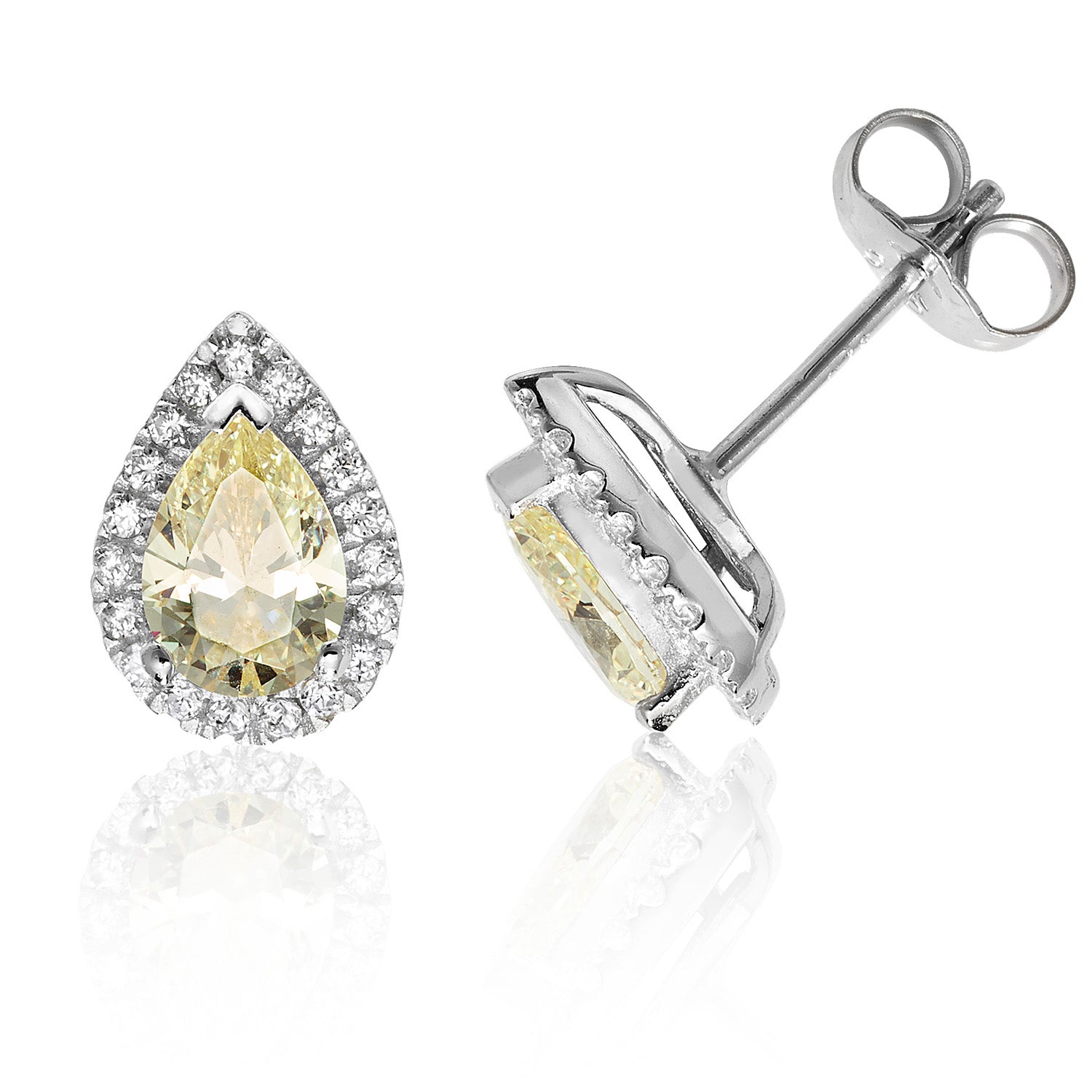 SILVER HALO YELLOW PEAR SHAPE CZ CLAW SET STUDS