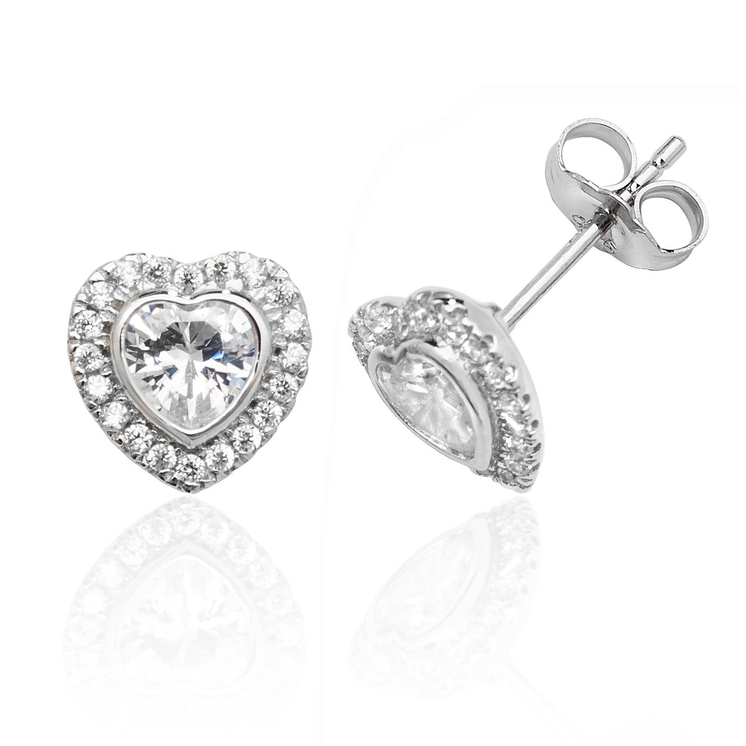 SILVER HALO HEART SHAPE CZ BEZEL SET STUDS