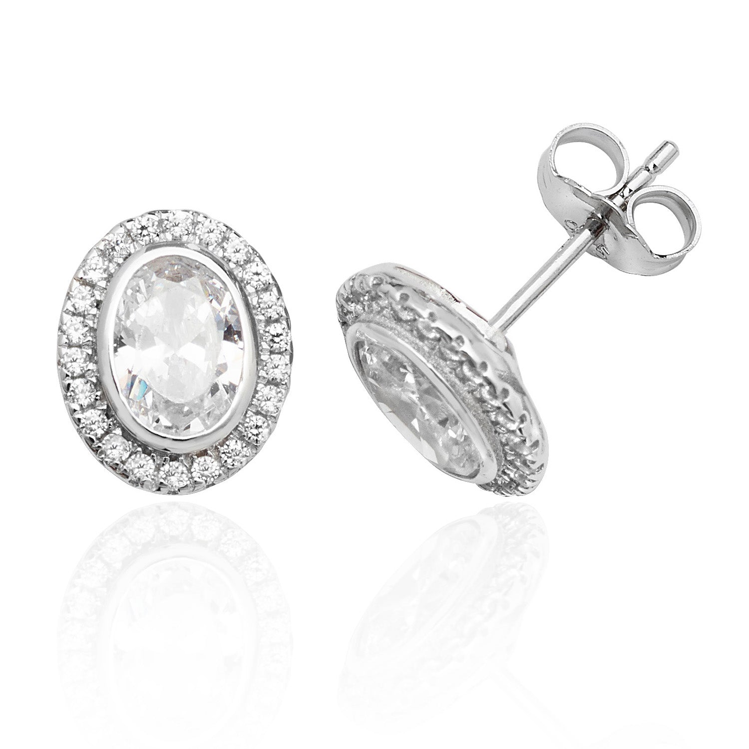 SILVER HALO OVAL CZ BEZEL SET STUDS