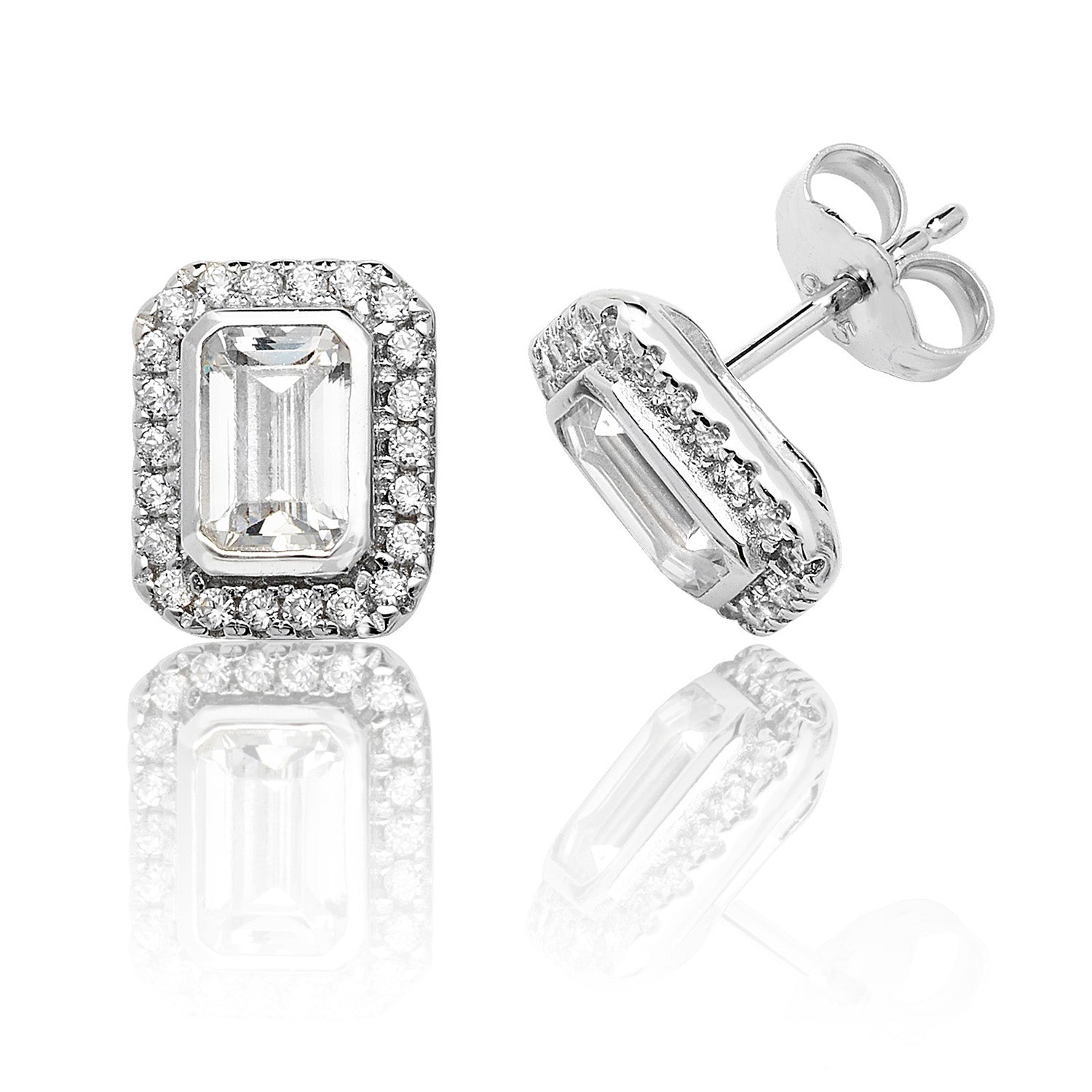 SILVER HALO EMERALD CUT CZ BEZEL SET STUDS