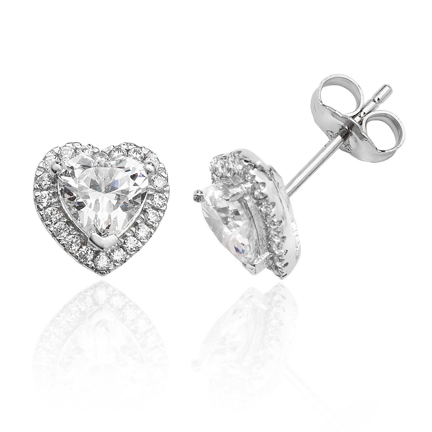 SILVER HALO HEART SHAPE CZ CLAW SET STUDS