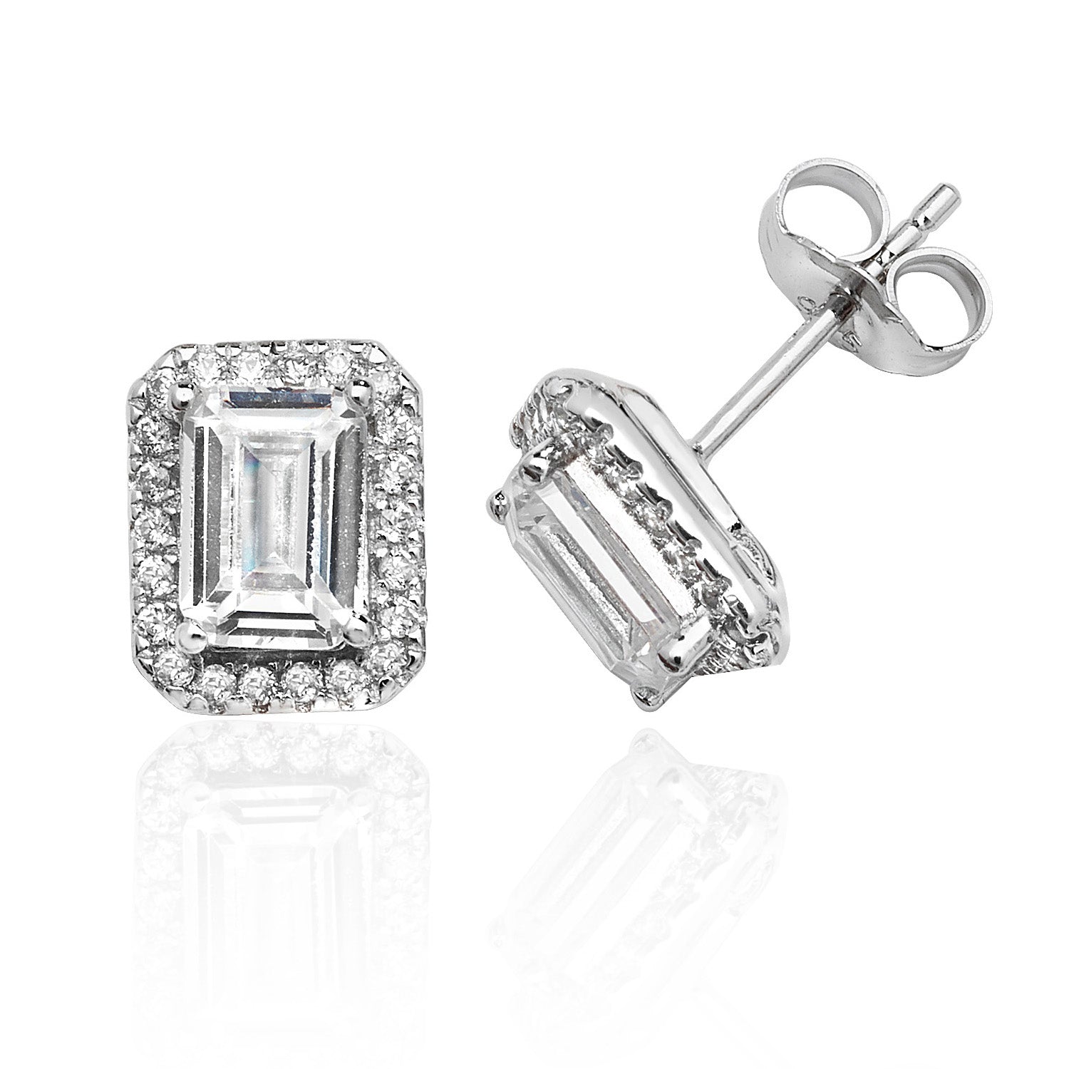 SILVER HALO EMERALD CUT CZ CLAW SET STUDS