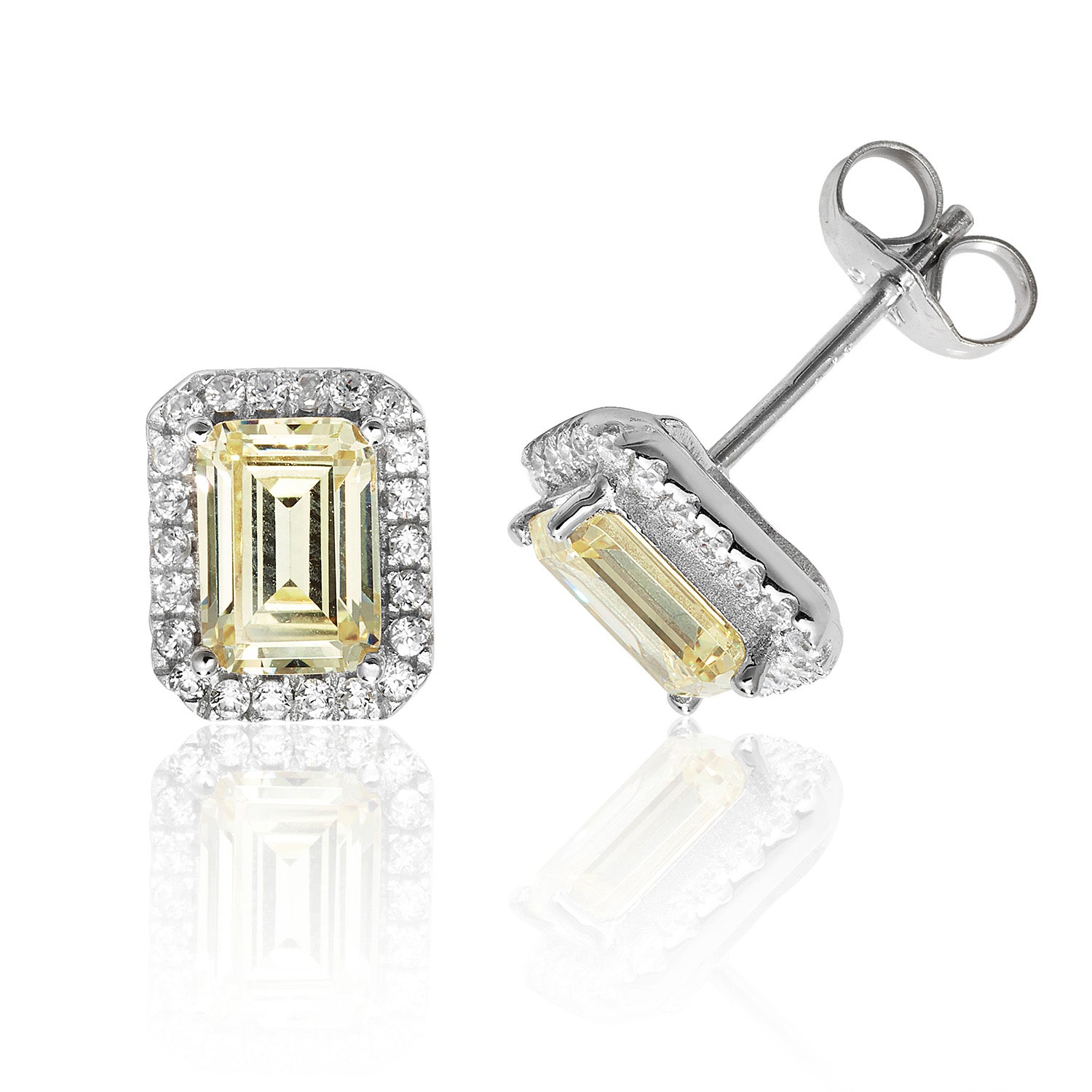 SILVER HALO YELLOW EMERALD CUT CZ CLAW SET STUDS