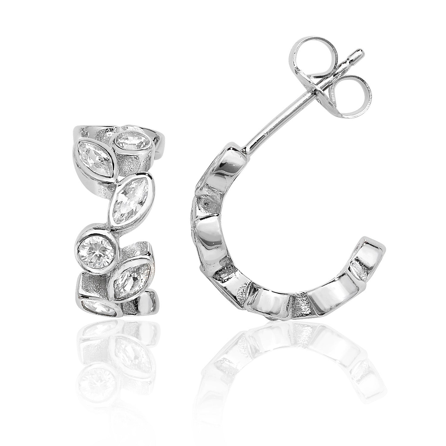 SILVER MARQUISE AND ROUND CZ HALF HOOP STUDS
