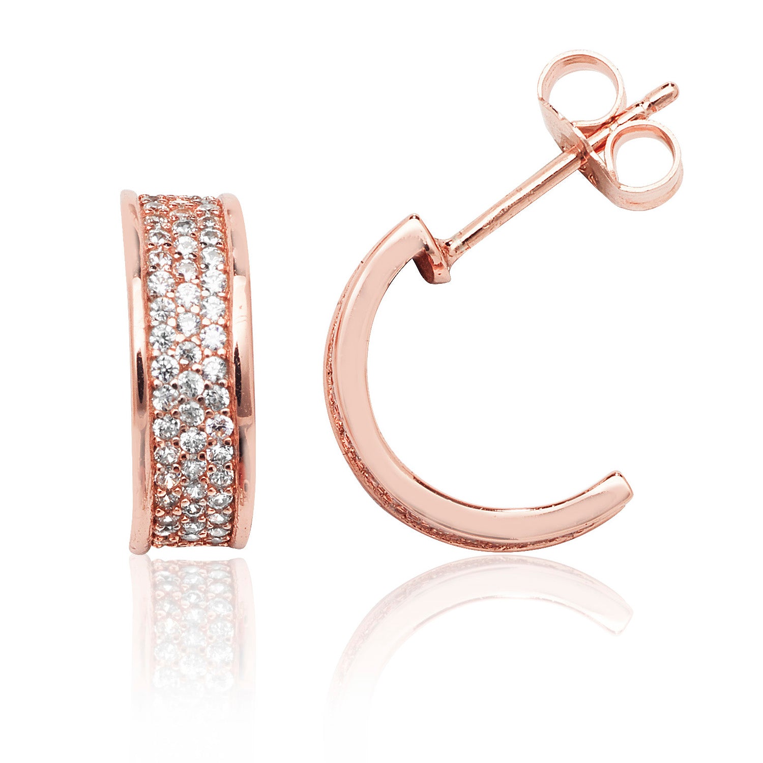 SILVER ROSE GOLD PLATED PAVE SET 3 ROW CZ HALF HOOP STUDS