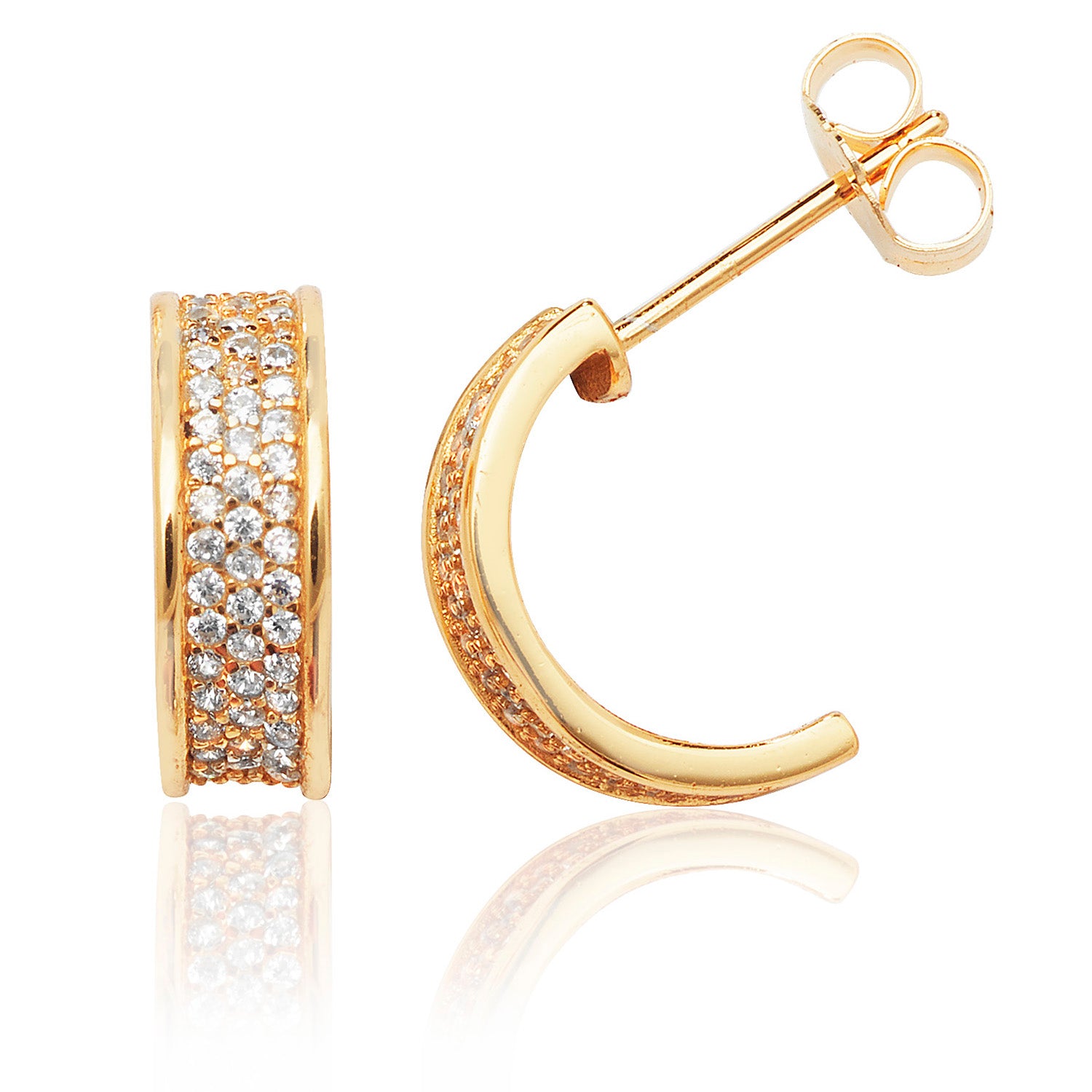 SILVER YELLOW GOLD PLATED PAVE SET 3 ROW CZ HALF HOOP STUDS