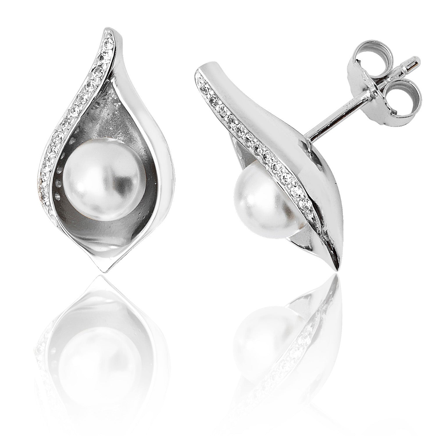 SILVER PAVE SET CZ SHELL AND PEARL STUDS