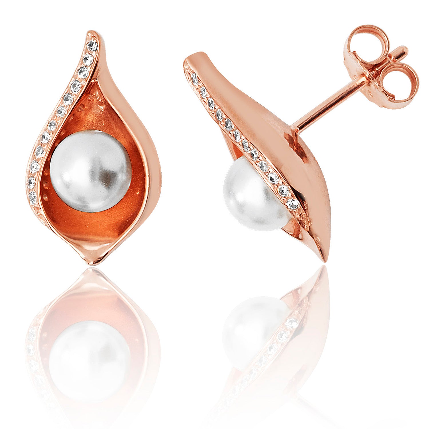 SILVER ROSE GOLD PLATED PAVE SET CZ SHELL AND PEARL STUDS