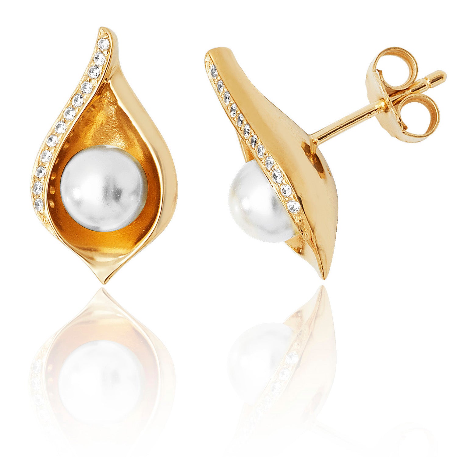 SILVER YELLOW GOLD PLATED PAVE SET CZ SHELL AND PEARL STUDS