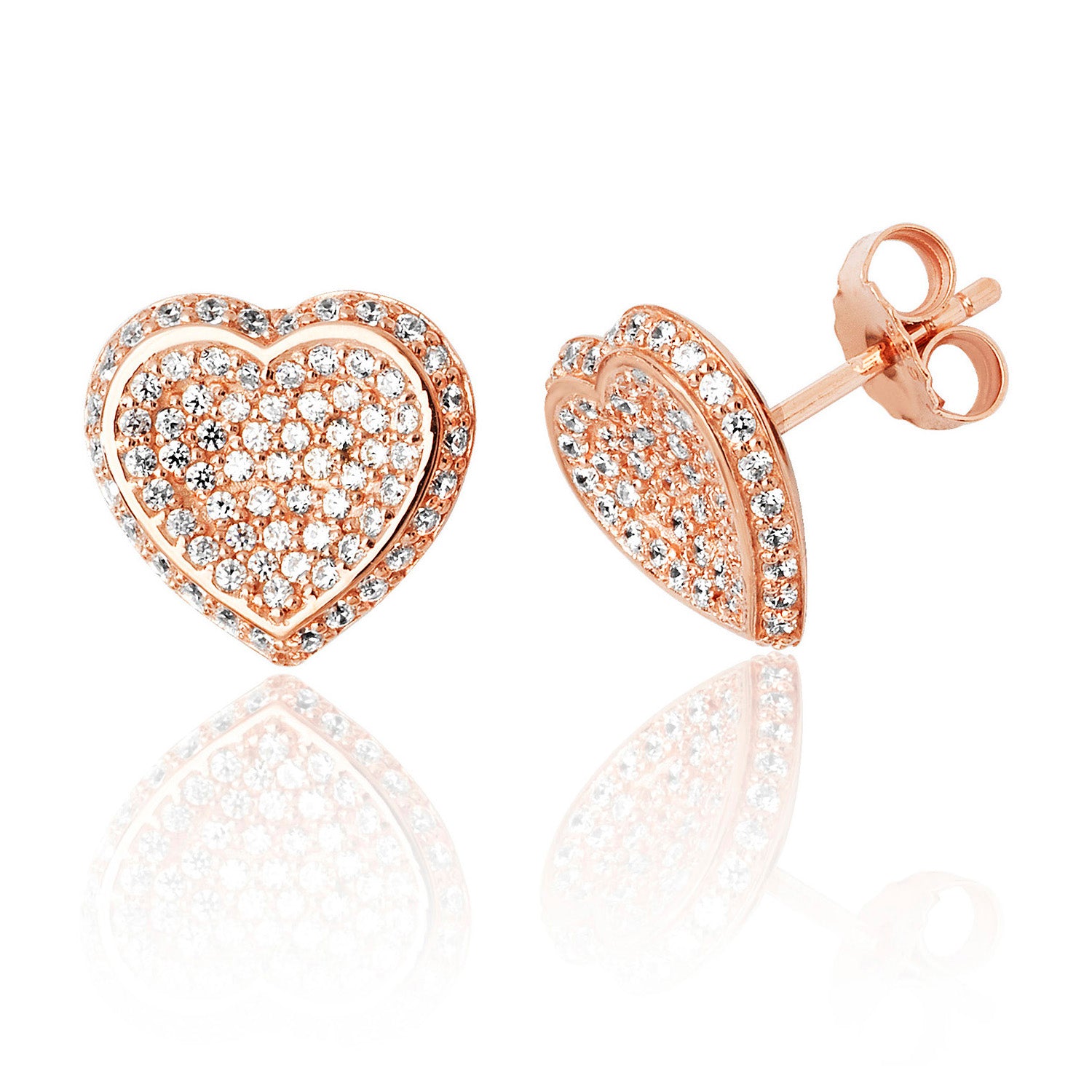 SILVER ROSE GOLD PLATED PAVE SET CZ HEART STUDS