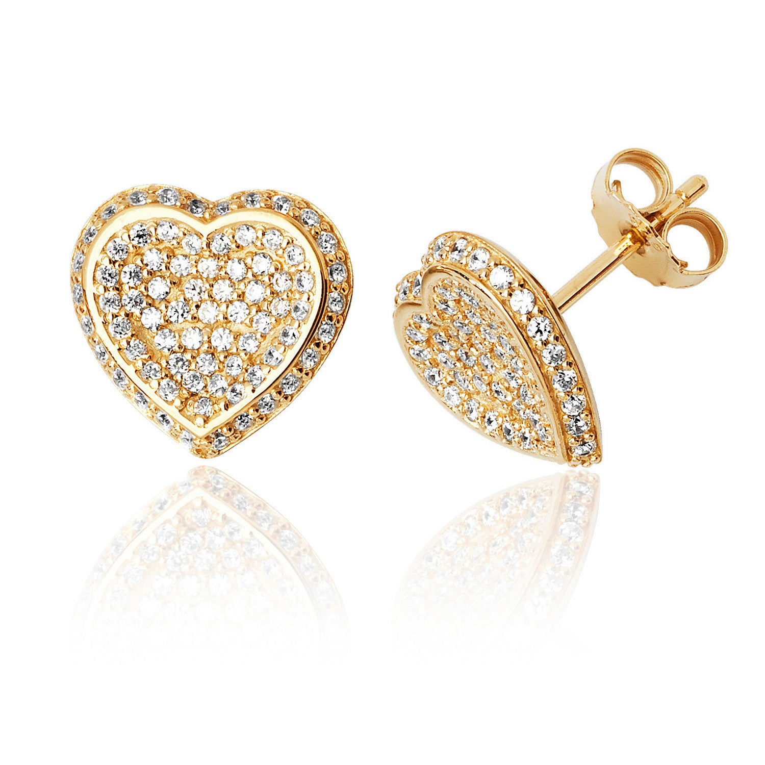 SILVER YELLOW GOLD PLATED PAVE SET CZ HEART STUDS