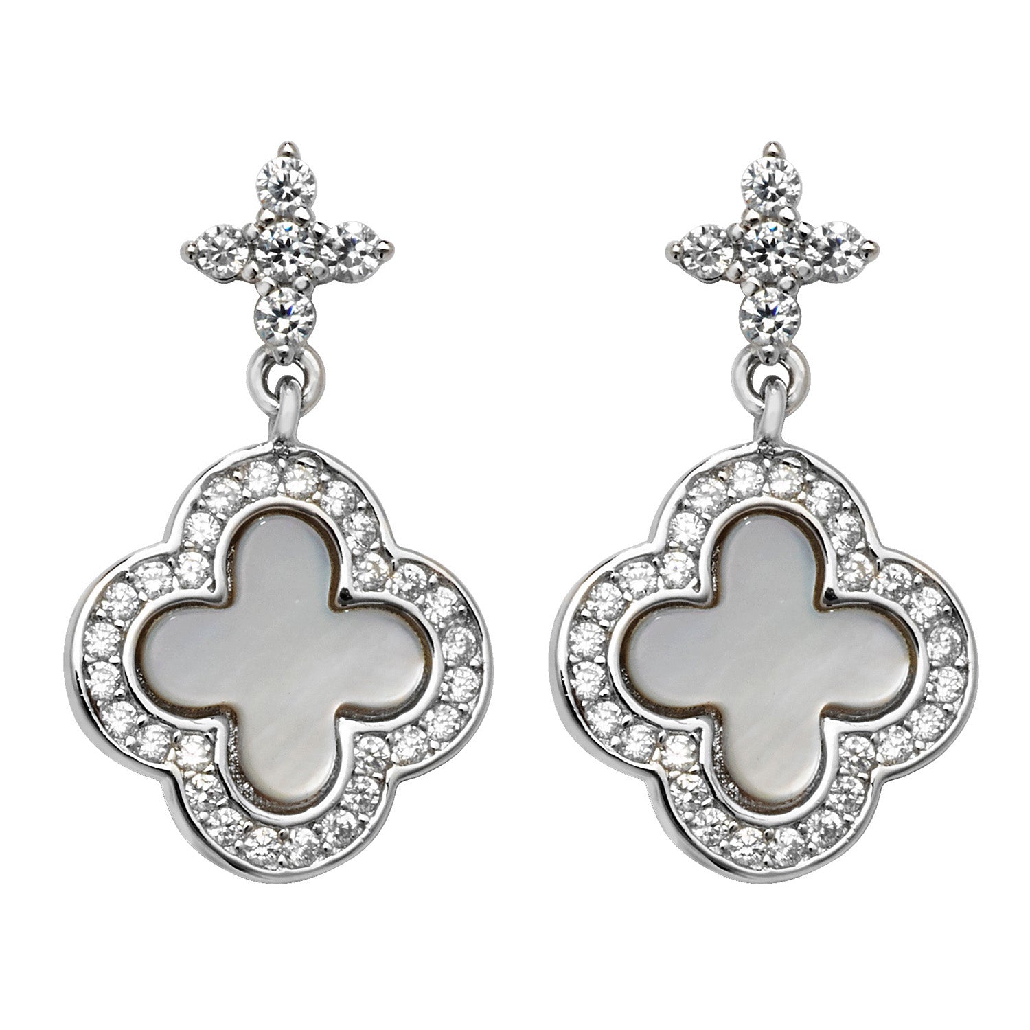 SILVER MOTHER OF PEARL AND CZ CLOVER DROPS