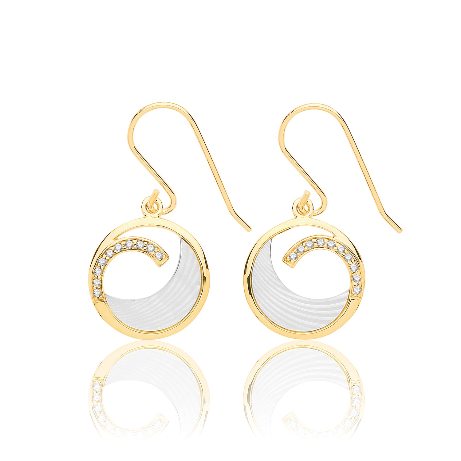 SILVER YELLOW GOLD PLATED MOTHER OF PEARL AND CZ SWIRL DROPS