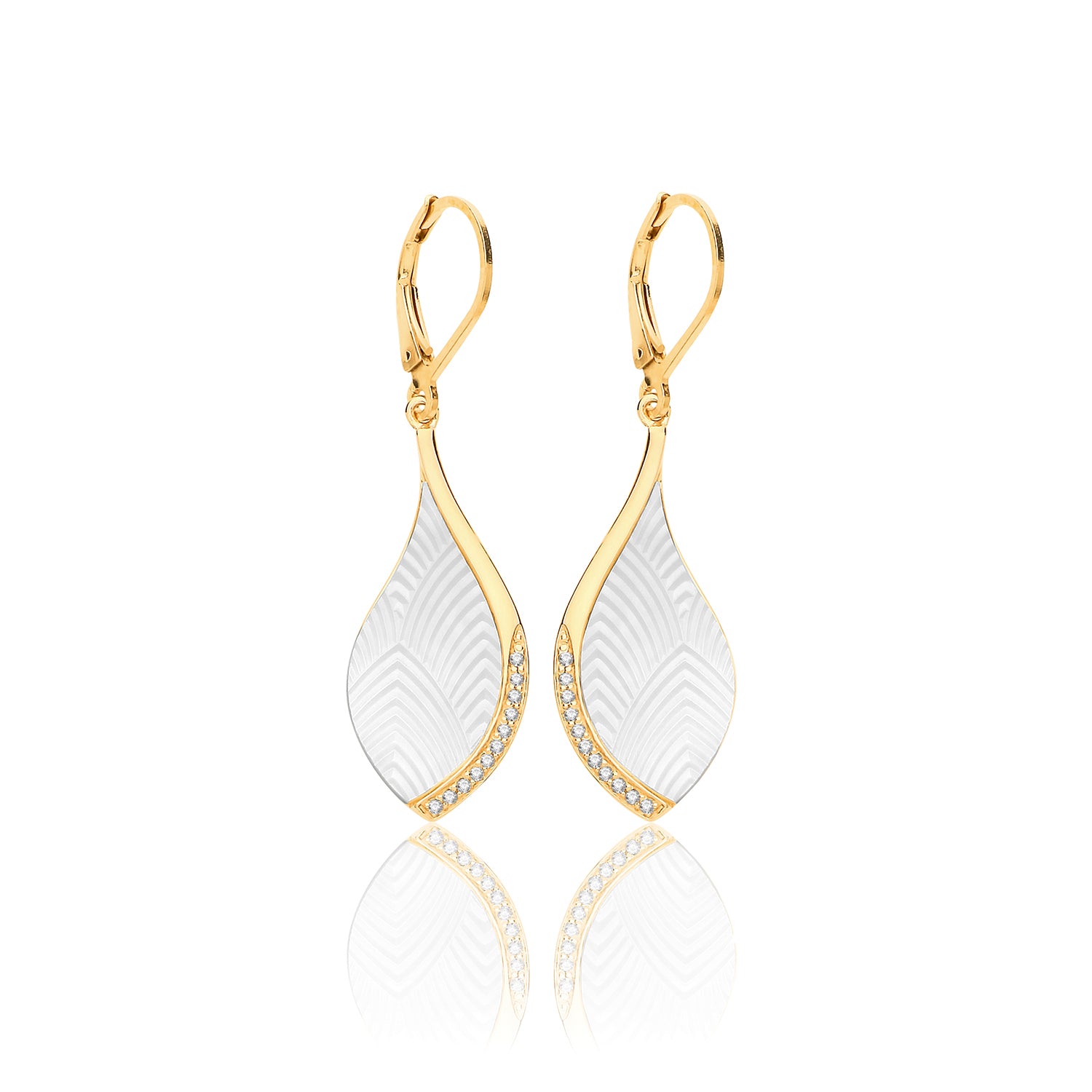 SILVER YELLOW GOLD PLATED MOTHER OF PEARL AND PAVE SET CZ PEAR SHAPE DROPS