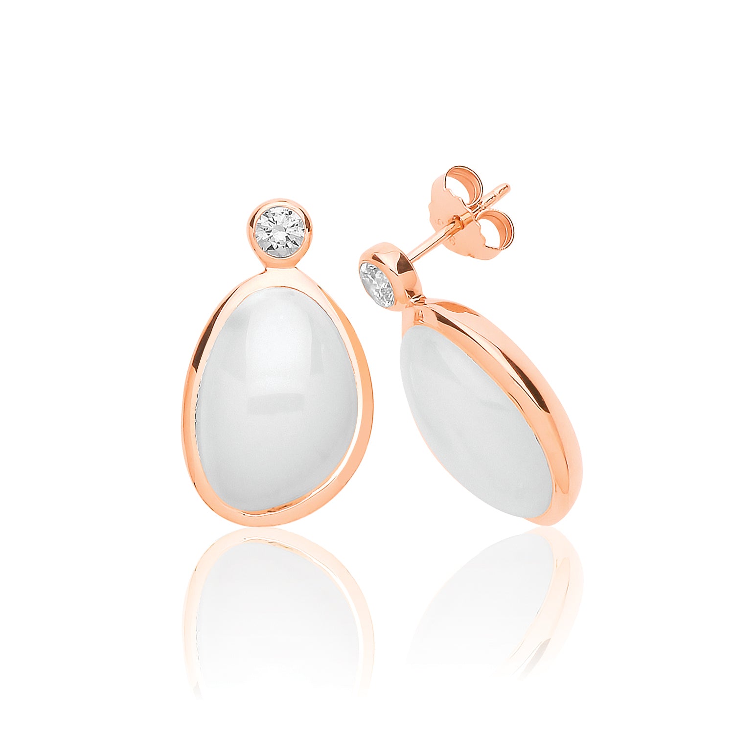 SILVER ROSE GOLD PLATED WHITE MOON STONE WITH SINGLE CZ STUDS