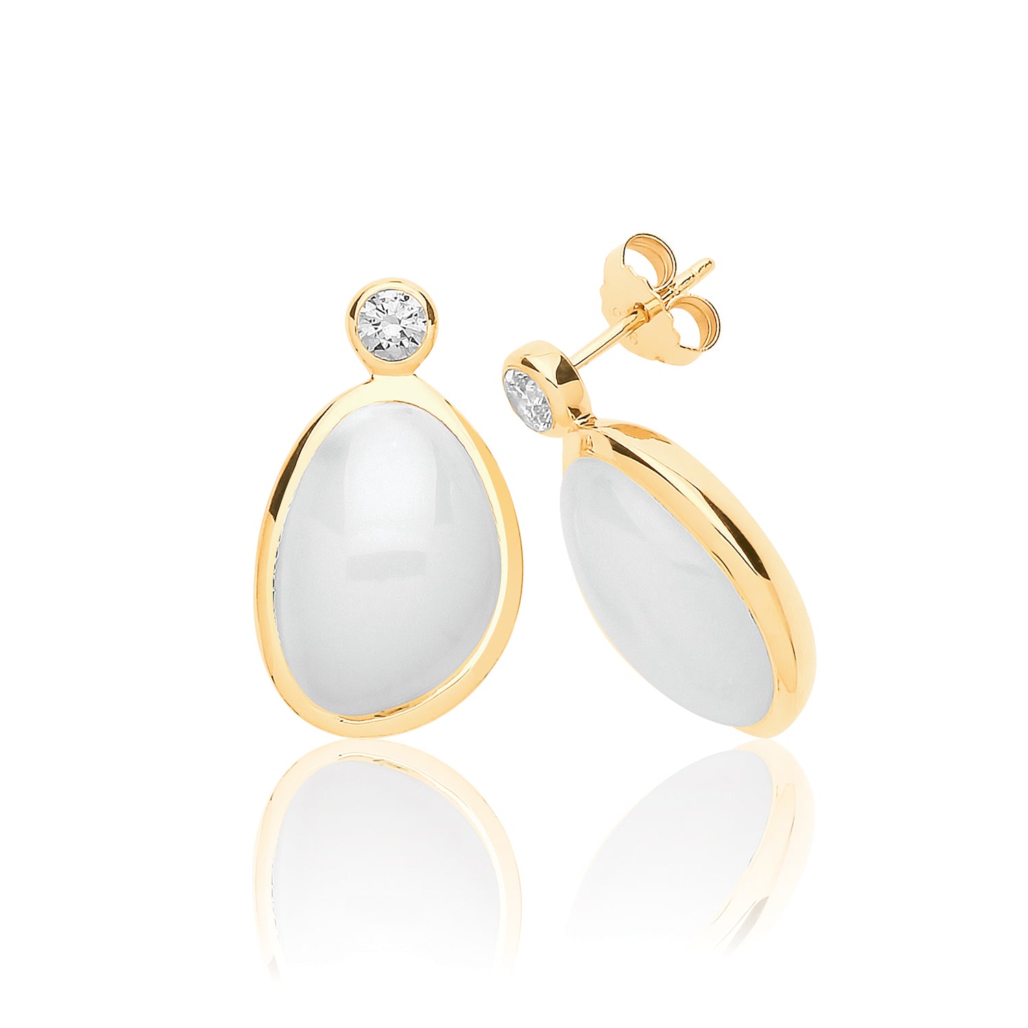 SILVER YELLOW GOLD PLATED WHITE MOON STONE WITH SINGLE CZ STUDS