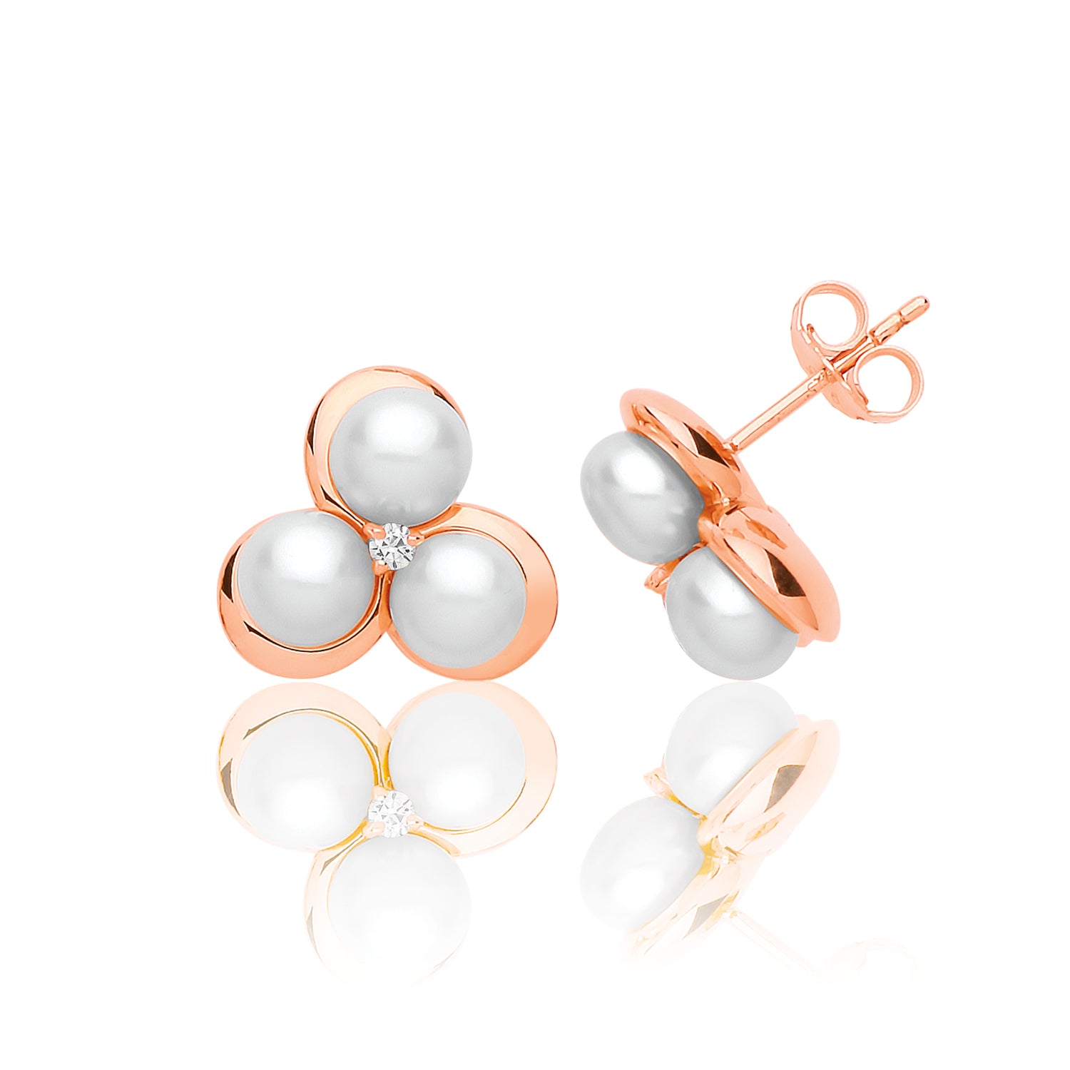 SILVER ROSE GOLD PLATED PEARL AND CZ 3 PETAL FLOWER STUDS