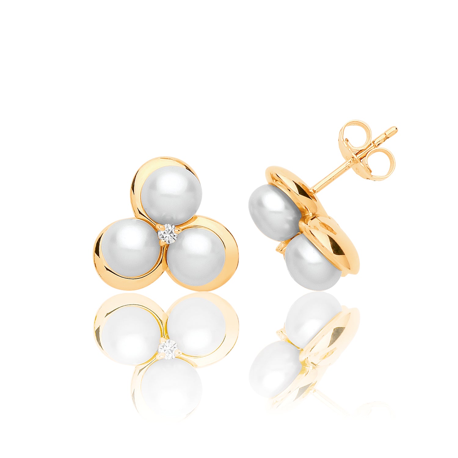 SILVER YELLOW GOLD PLATED PEARL AND CZ 3 PETAL FLOWER STUDS