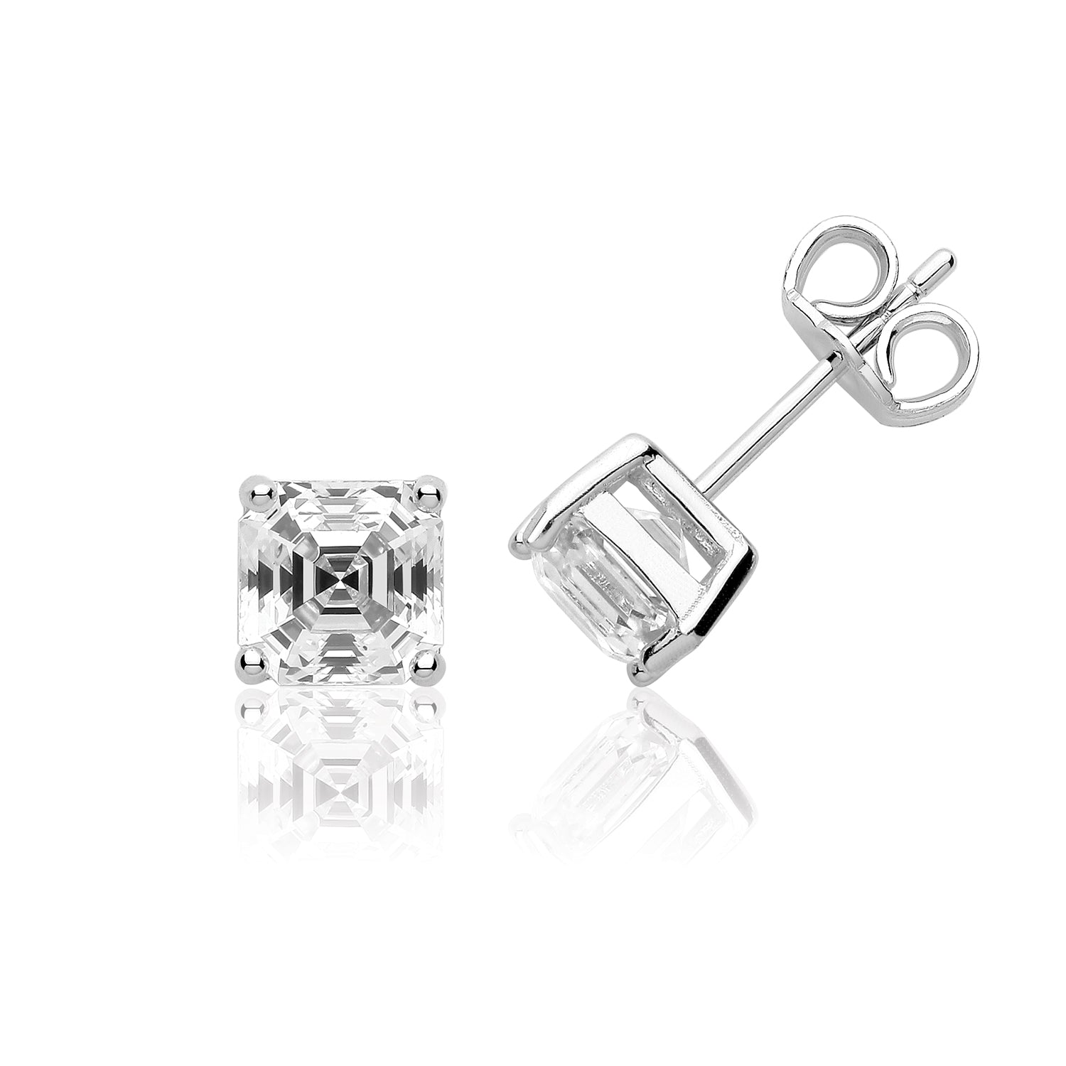 SILVER SINGLE ASSHER CUT CZ CLAW SET STUDS