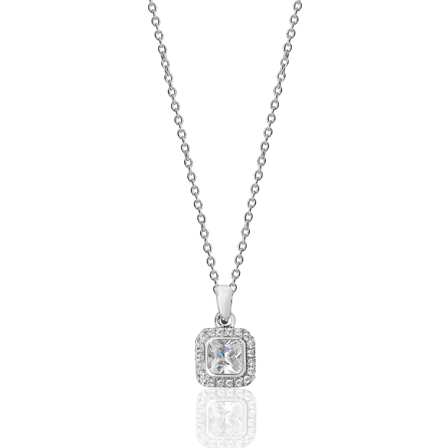 SILVER HALO SQUARE CZ BEZEL SET PENDANT AND CHAIN