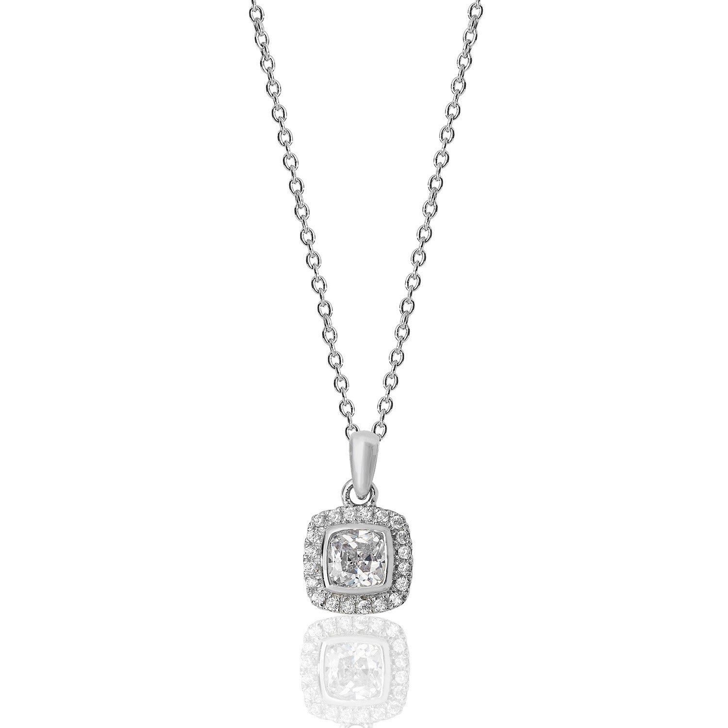 SILVER HALO CUSHION CZ BEZEL SET PENDANT AND CHAIN