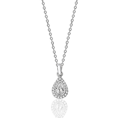 SILVER HALO PEAR SHAPE CZ BEZEL SET PENDANT AND CHAIN