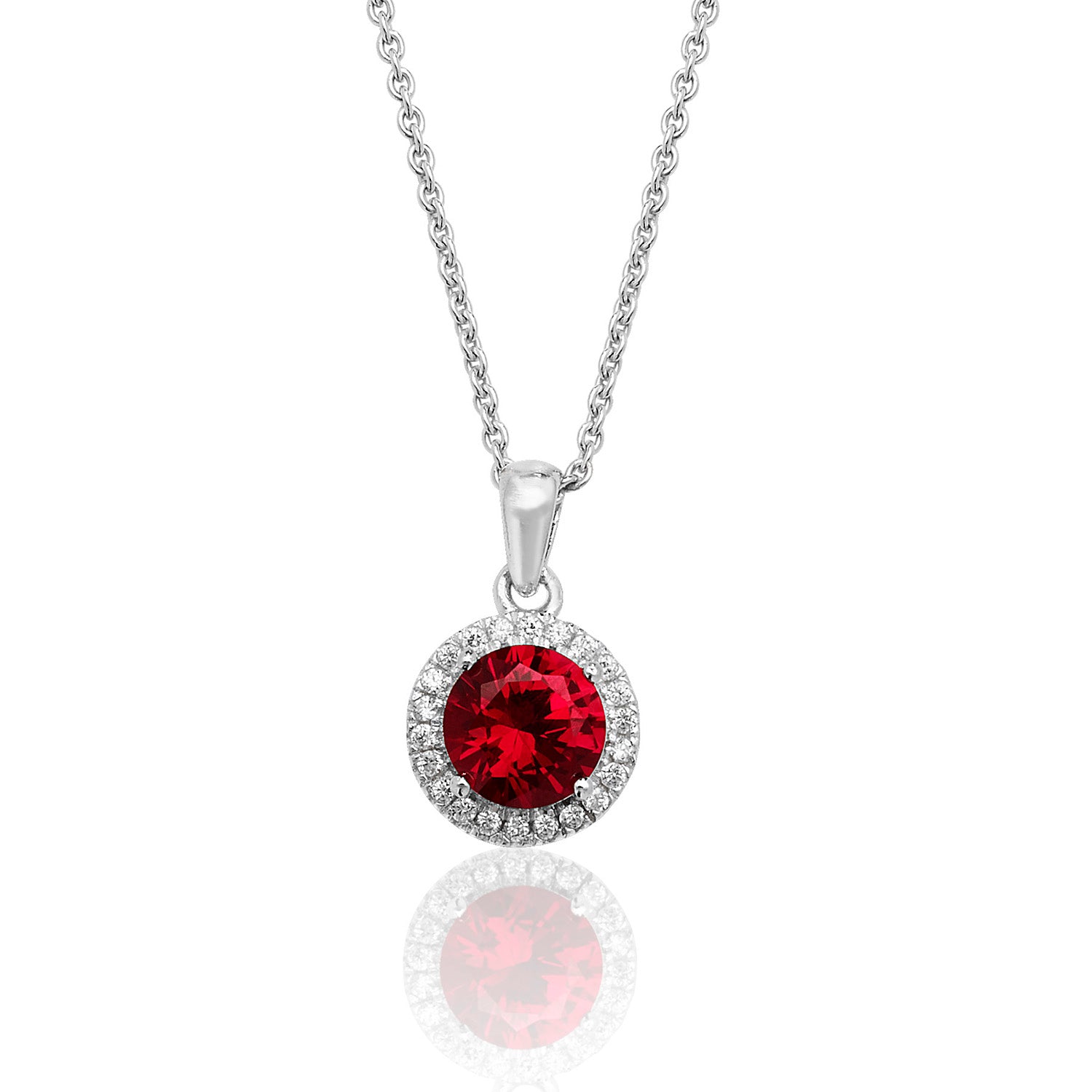 SILVER HALO RED ROUND CZ CLAW SET PENDANT AND CHAIN