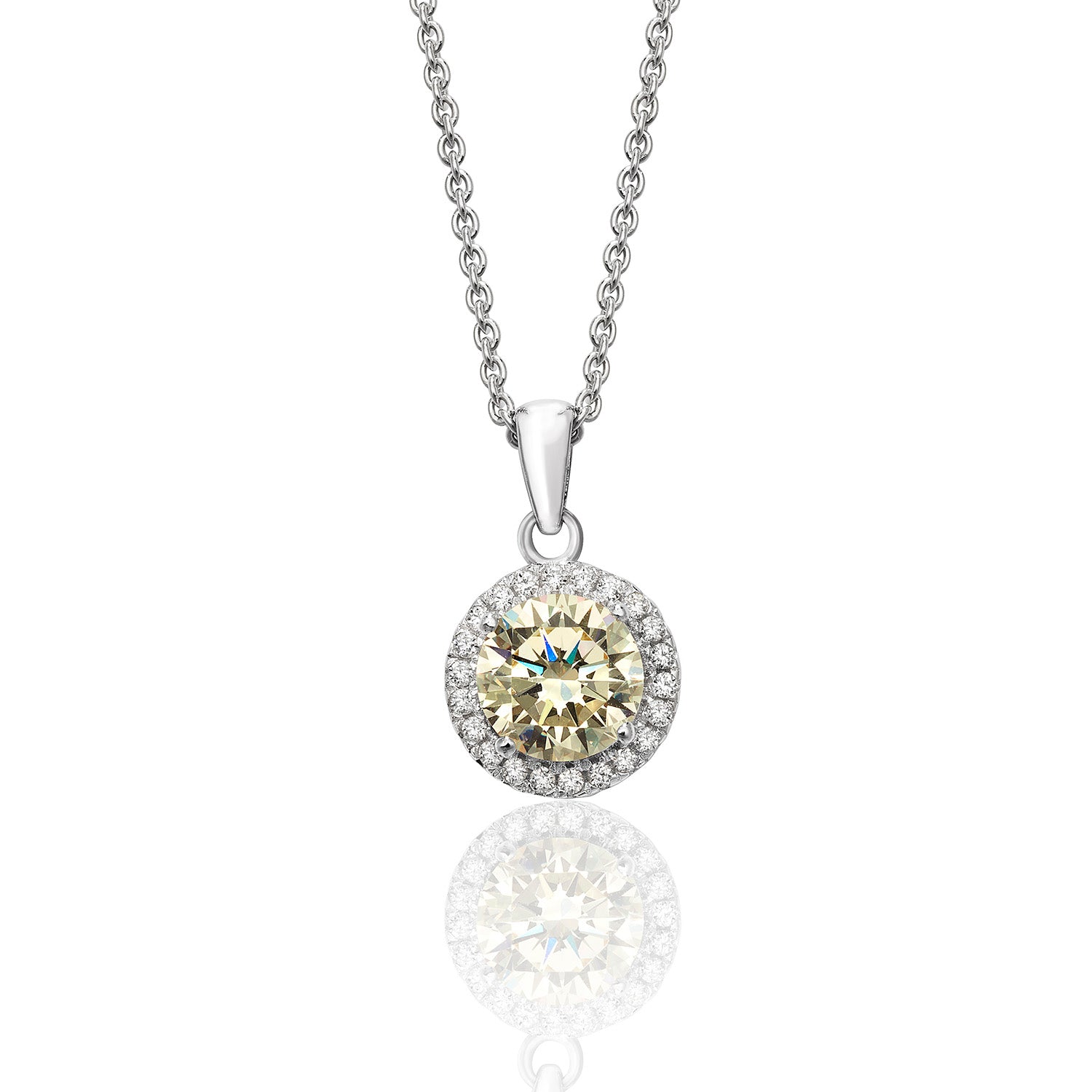 SILVER HALO YELLOW ROUND CZ CLAW SET PENDANT AND CHAIN