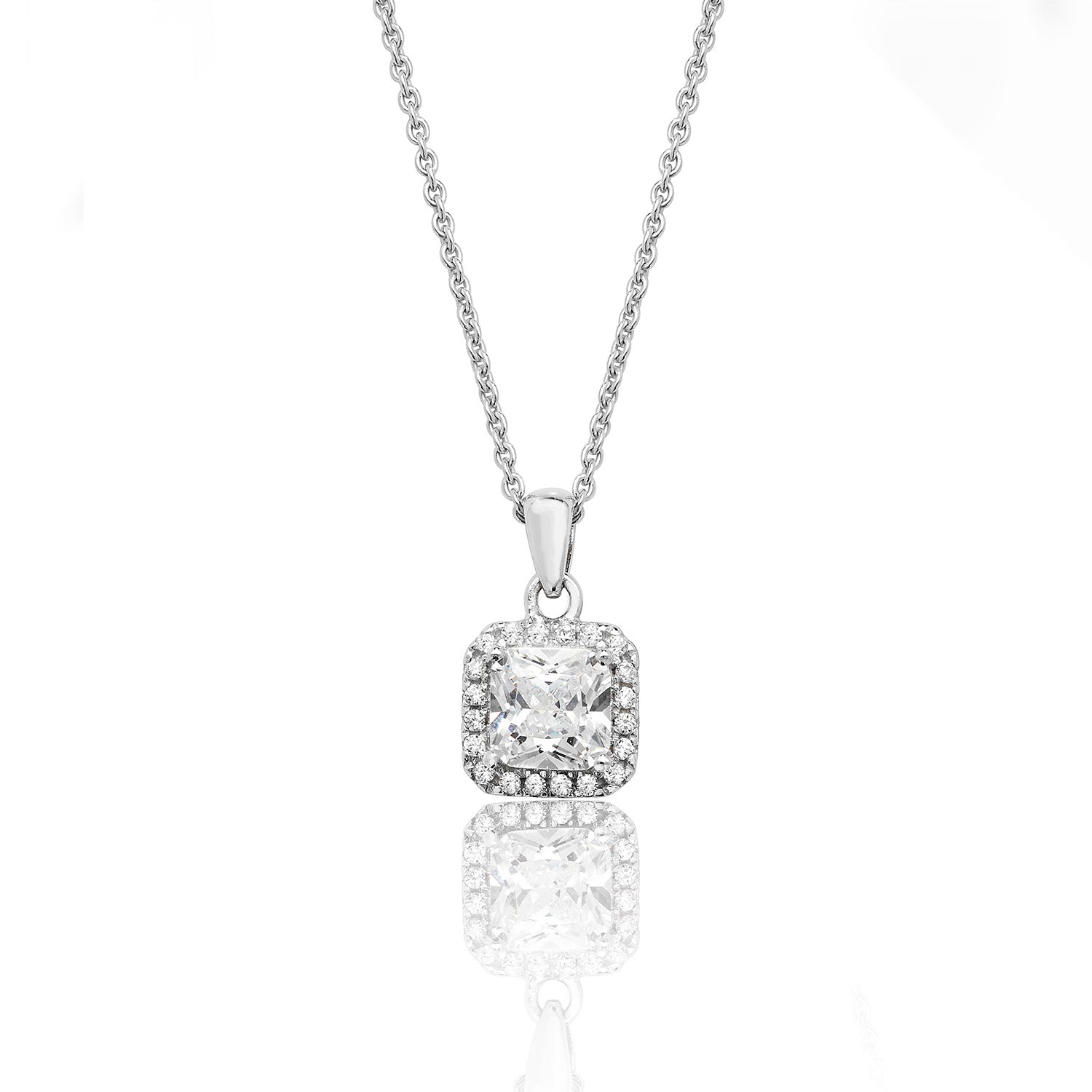 SILVER HALO SQUARE CZ CLAW SET PENDANT AND CHAIN