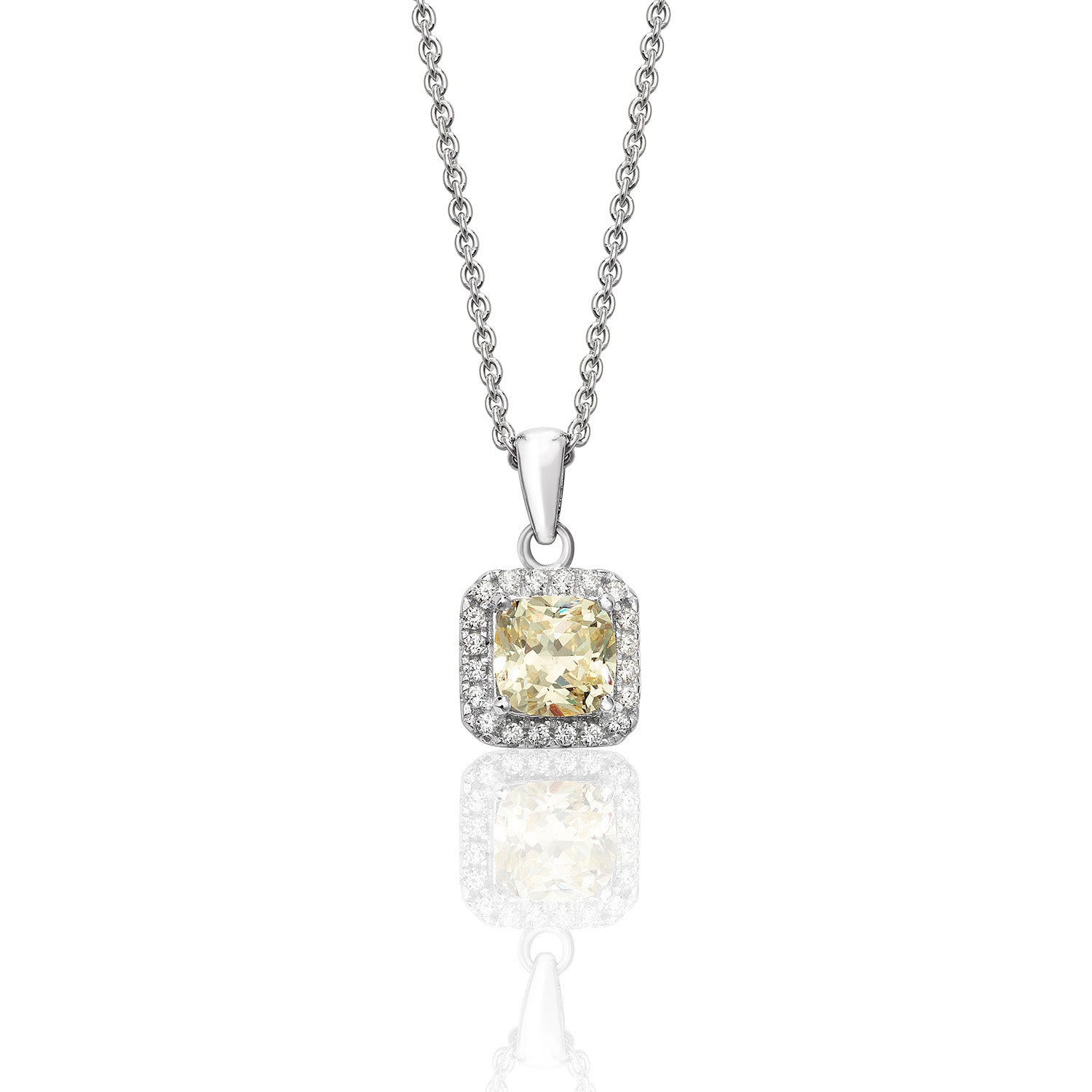 SILVER HALO YELLOW SQUARE CZ CLAW SET PENDANT AND CHAIN