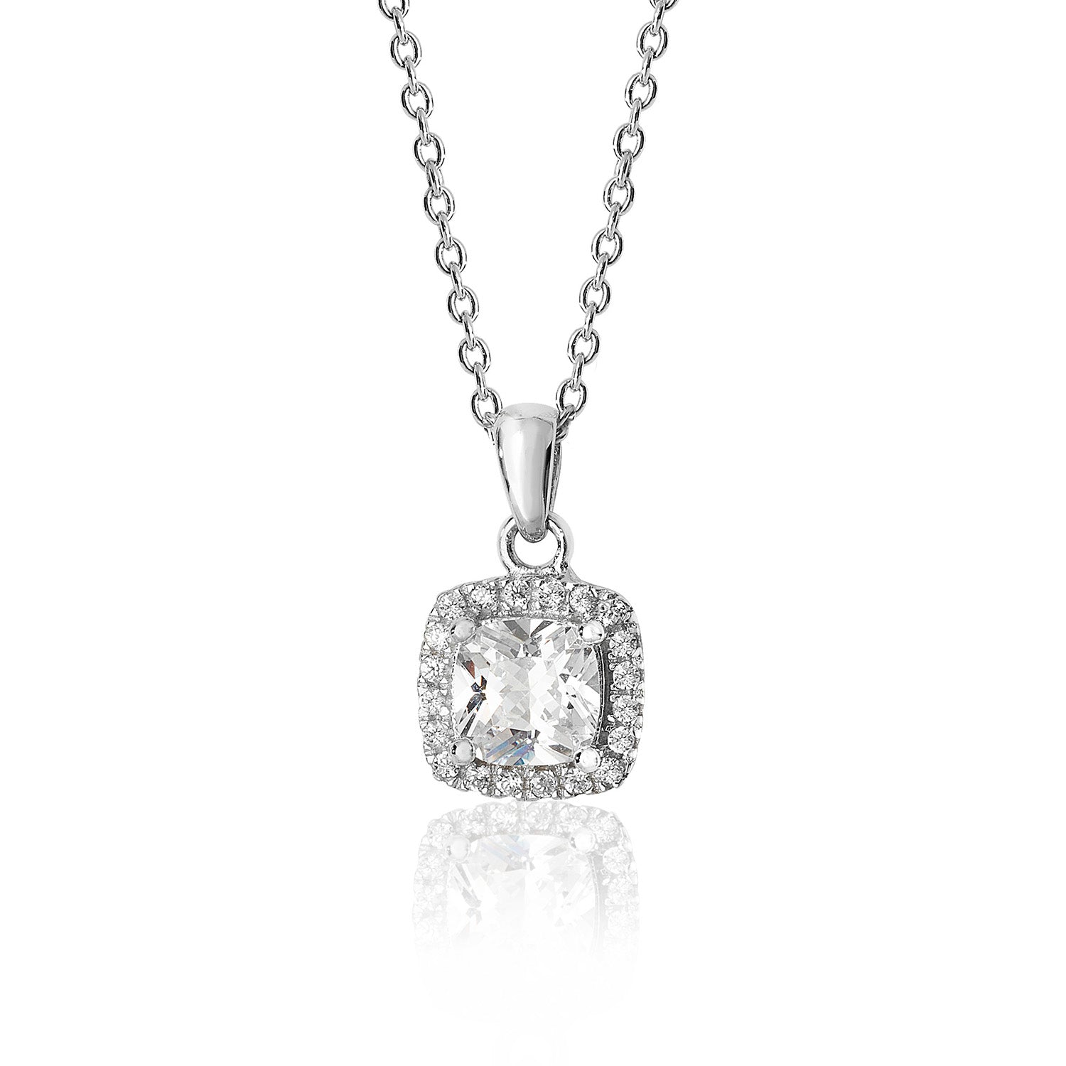 SILVER HALO CUSHION CZ CLAW SET PENDANT AND CHAIN