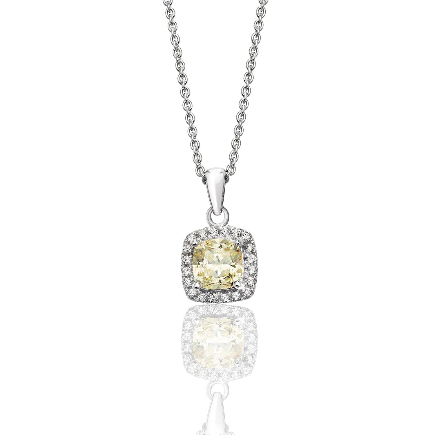 SILVER HALO YELLOW CUSHION CZ CLAW SET PENDANT AND CHAIN