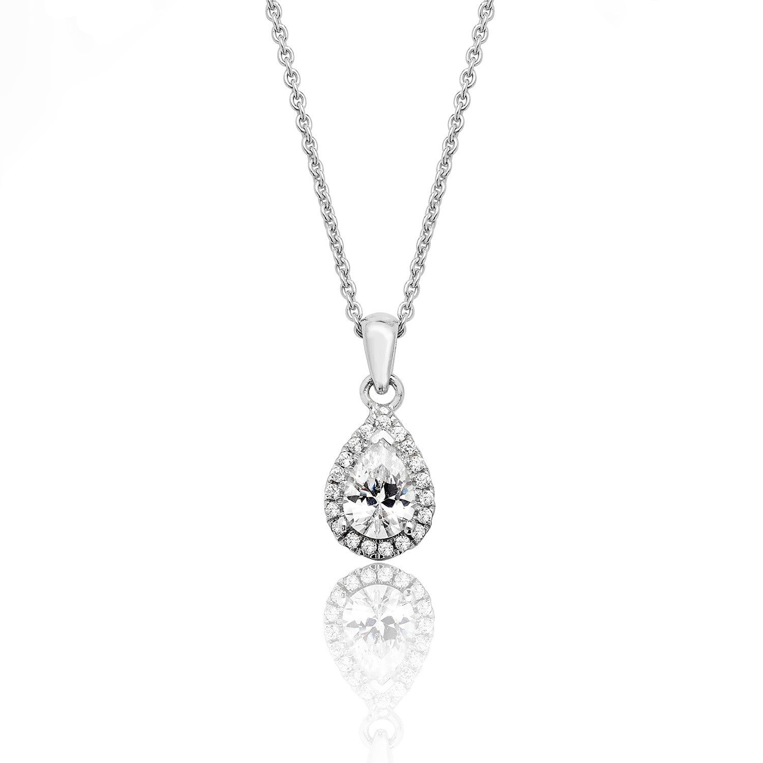 SILVER HALO PEAR SHAPE CZ CLAW SET PENDANT AND CHAIN