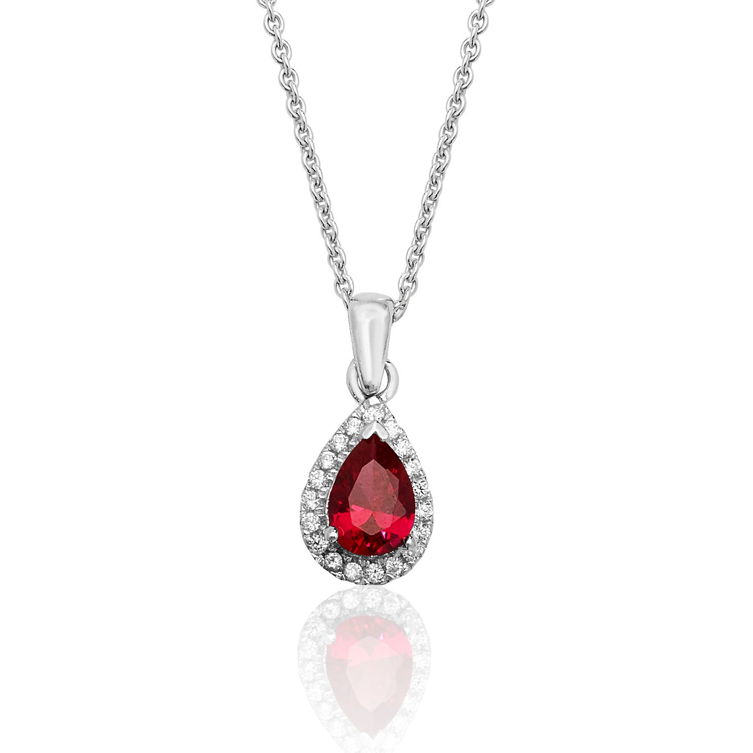 SILVER HALO RED PEAR SHAPE CZ CLAW SET PENDANT AND CHAIN