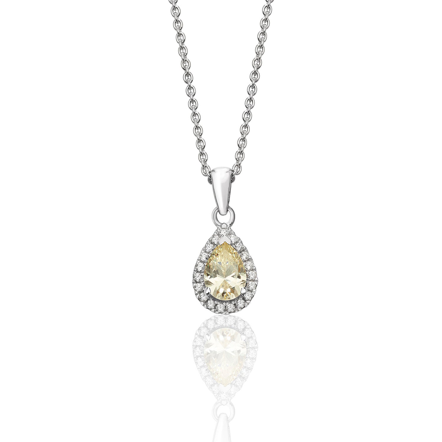 SILVER HALO YELLOW PEAR SHAPE CZ CLAW SET PENDANT AND CHAIN