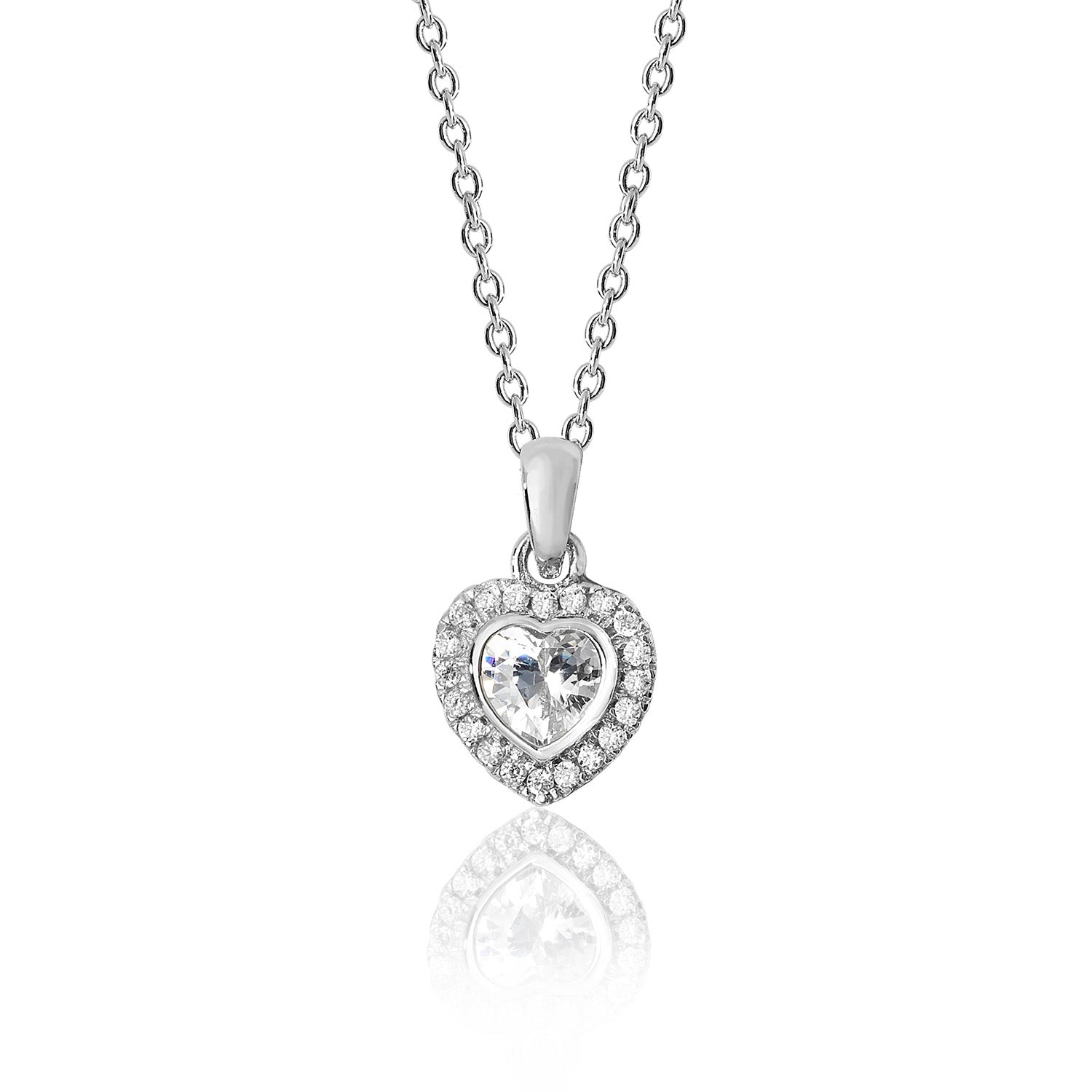 SILVER HALO HEART SHAPE CZ CLAW SET PENDANT AND CHAIN