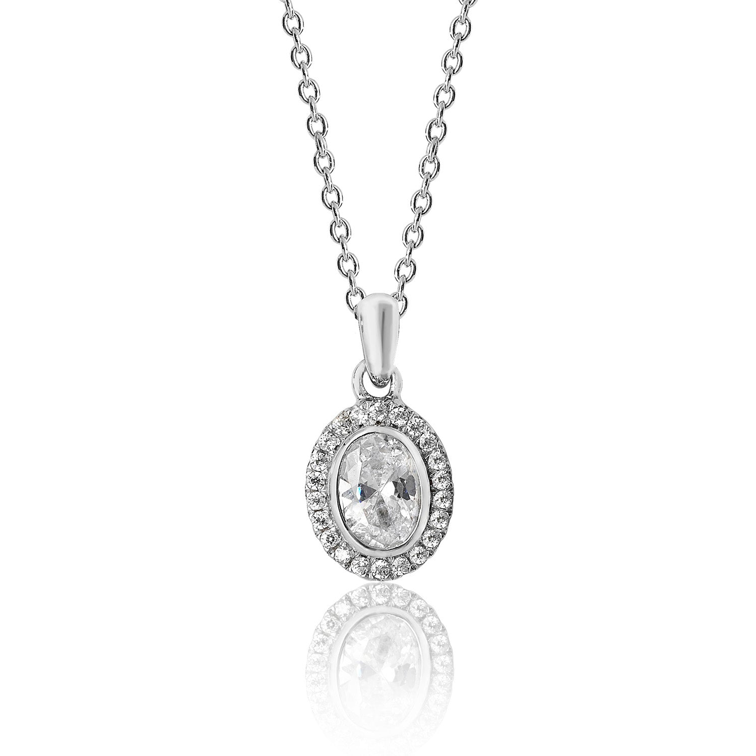 SILVER HALO OVAL CZ BEZEL SET PENDANT AND CHAIN