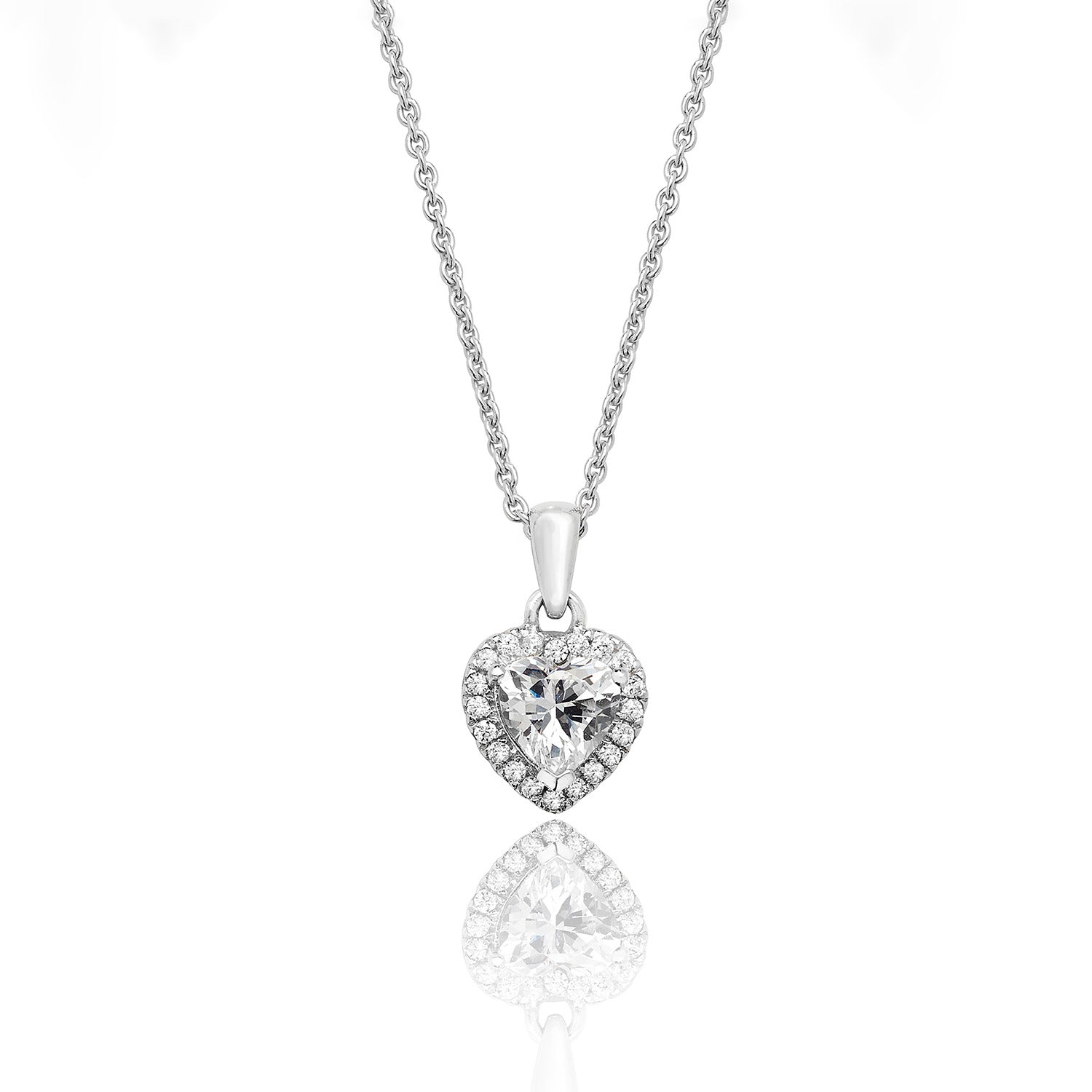 SILVER HALO HEART SHAPE CZ CLAW SET PENDANT AND CHAIN