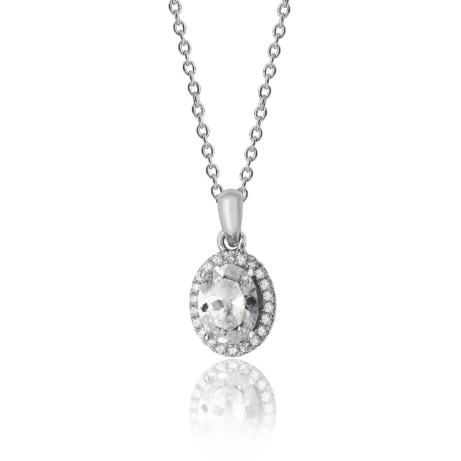 SILVER HALO OVAL CZ CLAW SET PENDANT AND CHAIN