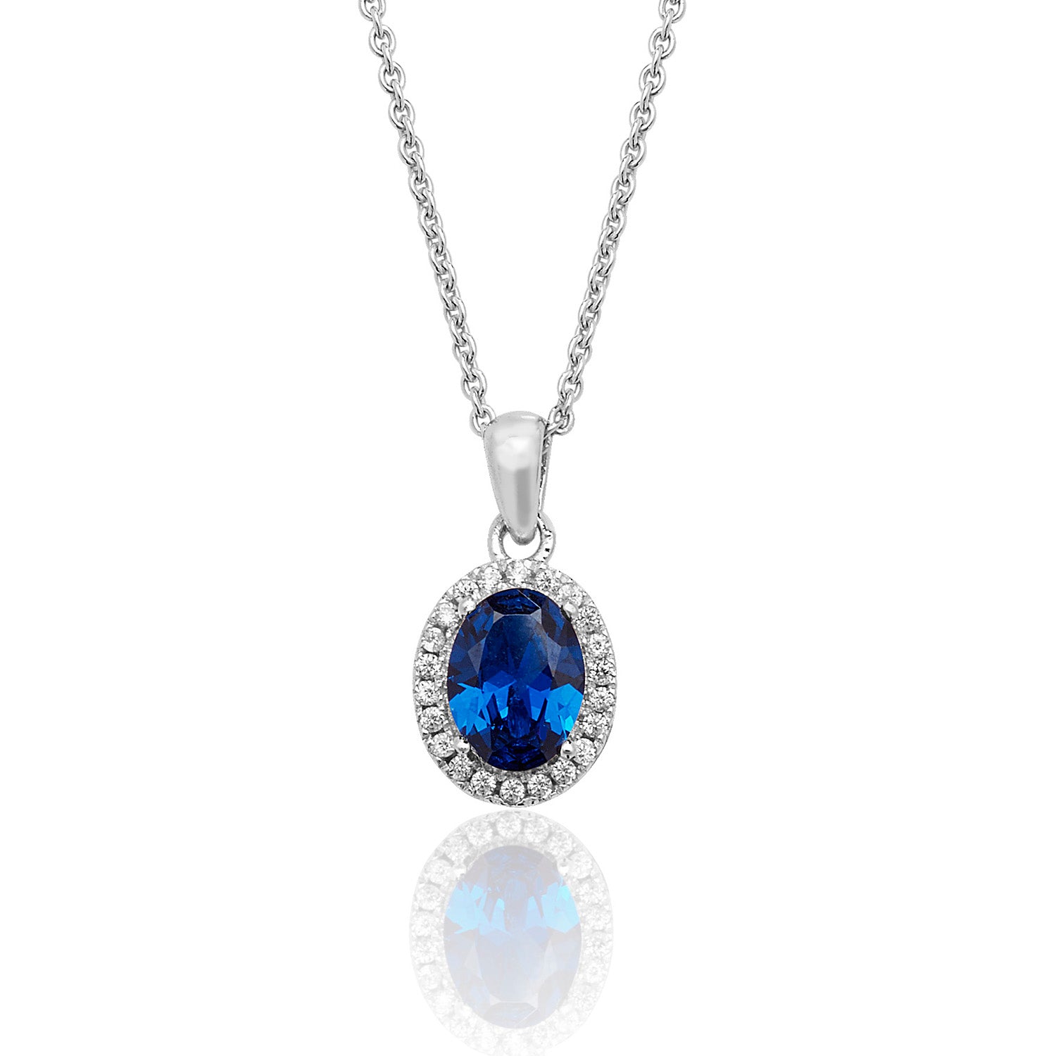 SILVER HALO BLUE OVAL CZ  CLAW SET PENDANT AND CHAIN