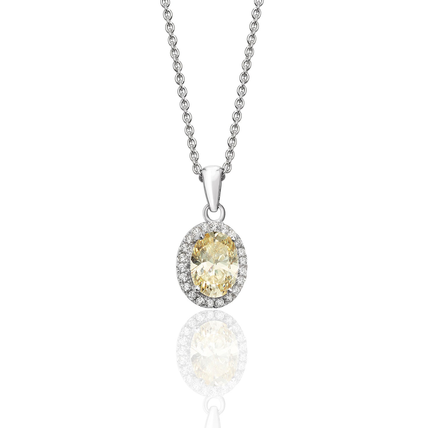 SILVER HALO YELLOW OVAL CZ  CLAW SET PENDANT AND CHAIN