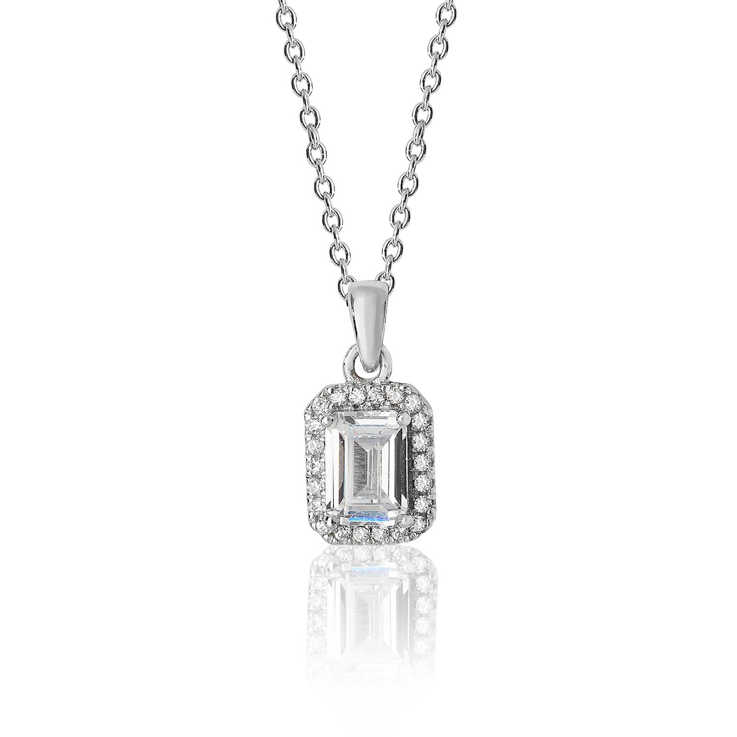 SILVER HALO EMERALD CUT CZ BEZEL SET PENDANT AND CHAIN