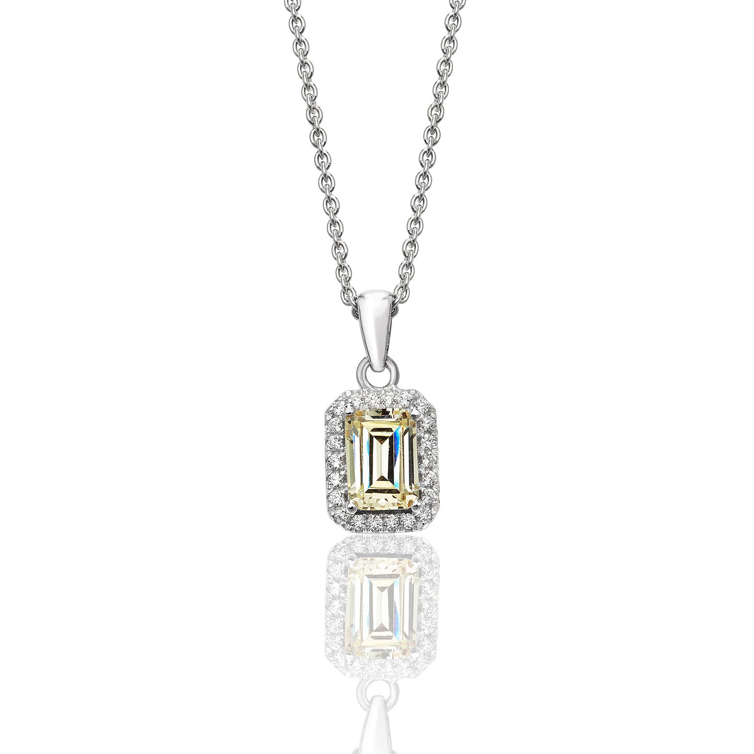 SILVER HALO YELLOW EMERALD CUT CZ BEZEL SET PENDANT AND CHAIN