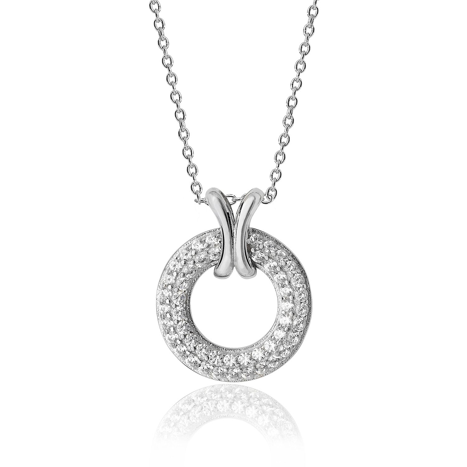 SILVER PAVE SET CZ CIRCLE WITH CROSS PENDANT AND CHAIN