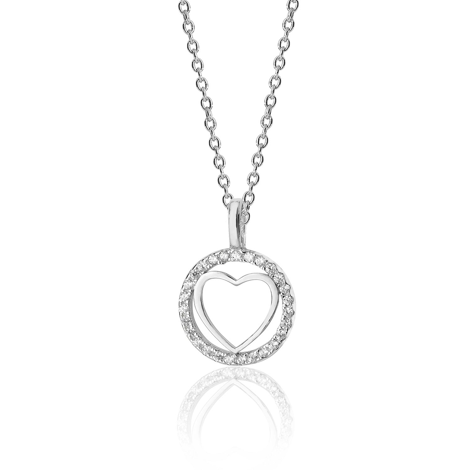 SILVER PLAIN HEART WITHIN ROUND HALO CZ PENDANT AND CHAIN