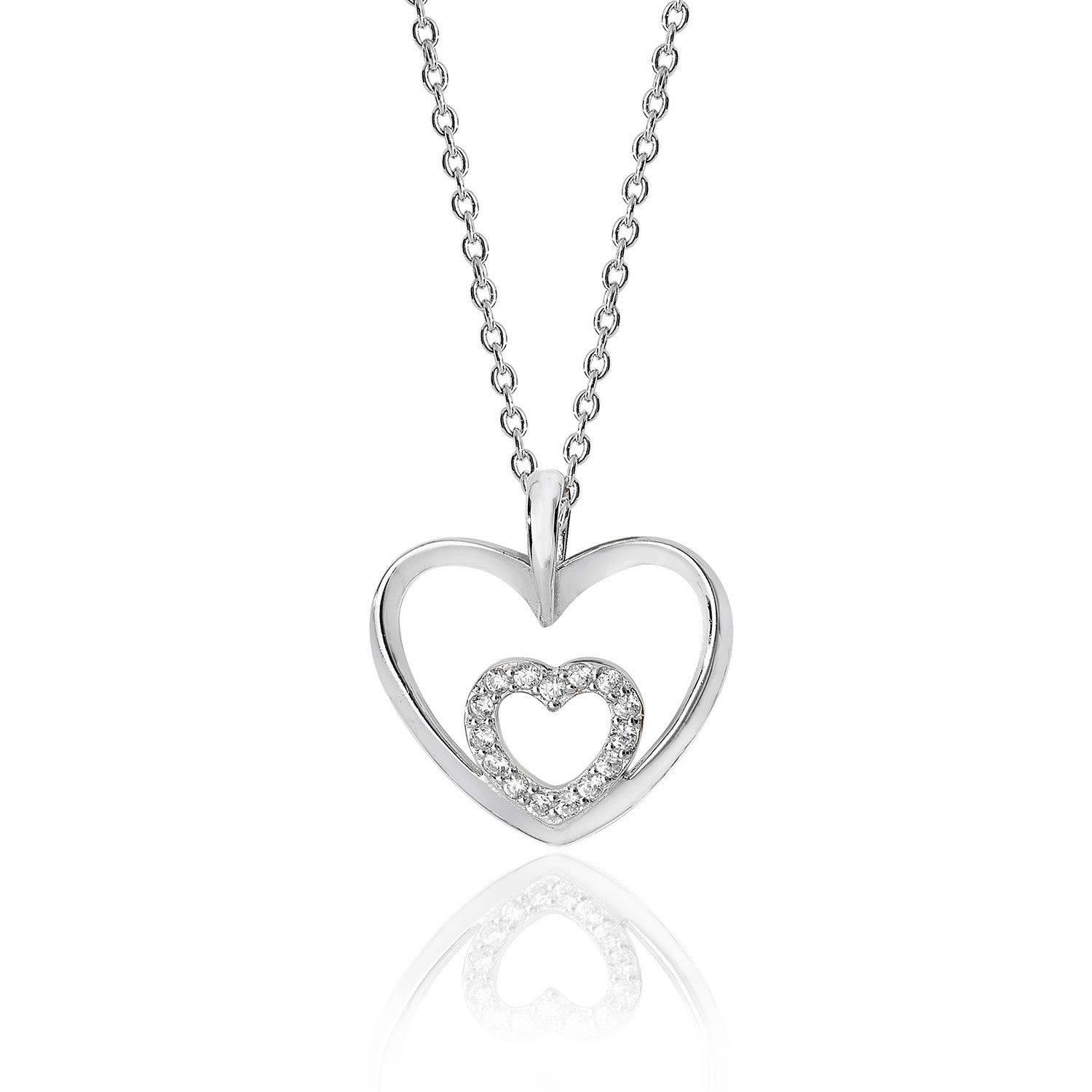 SILVER DOUBLE HEART SHAPE PLAIN AND CZ PENDANT AND CHAIN