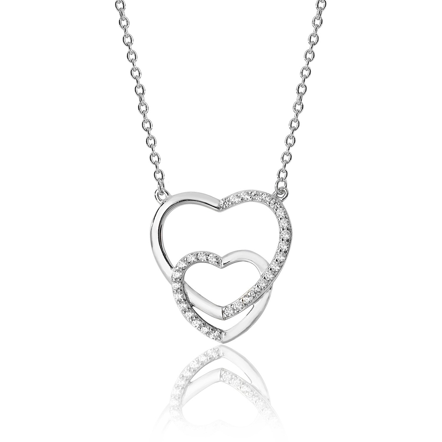 SILVER INTERLINKED DOUBLE HEART SHAPE PLAIN AND CZ SET PENDANT AND CHAIN